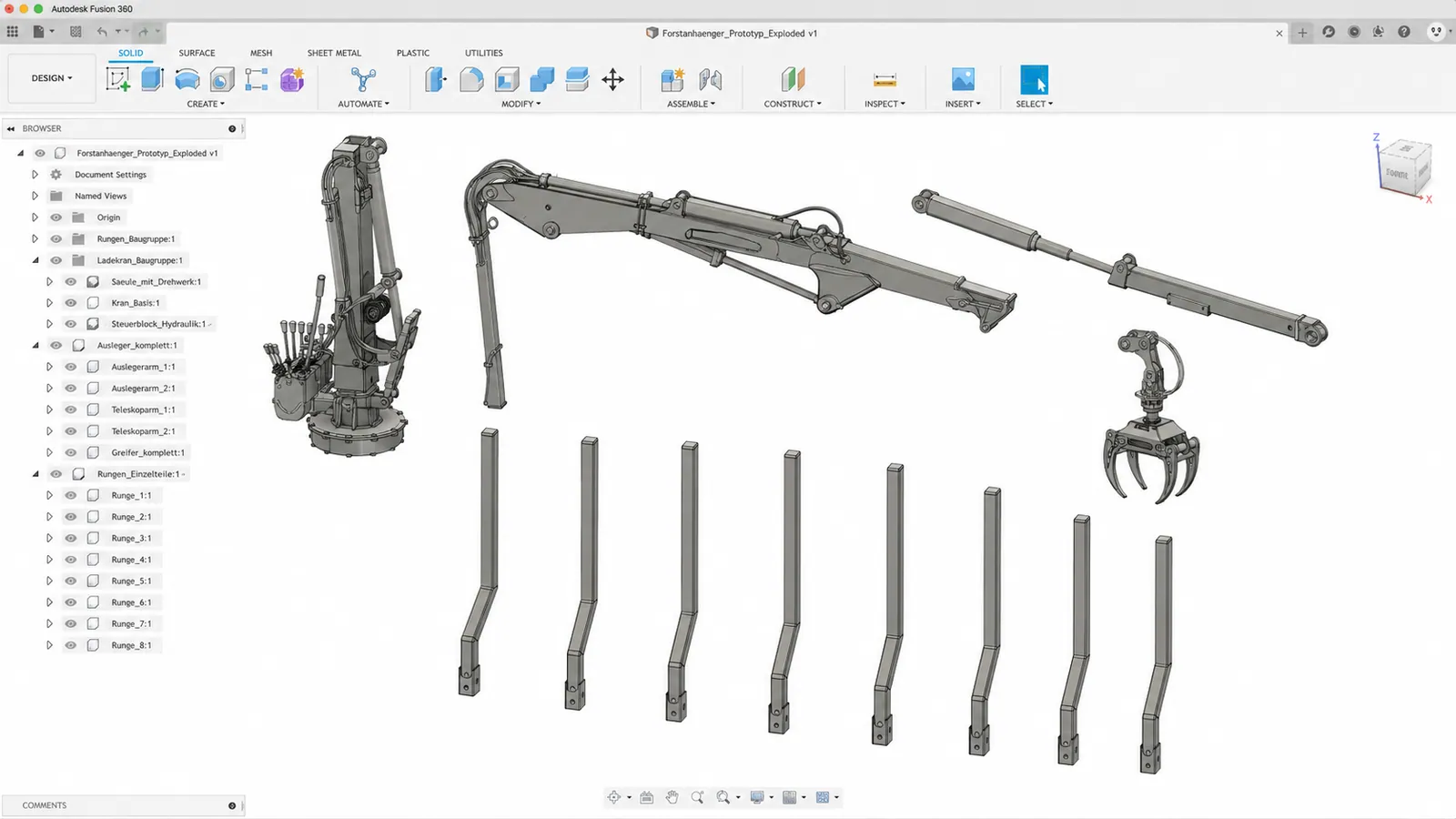 CAD-Darstellung der Baugruppen von Ladekran, Hydraulik, Greifer und Rungen