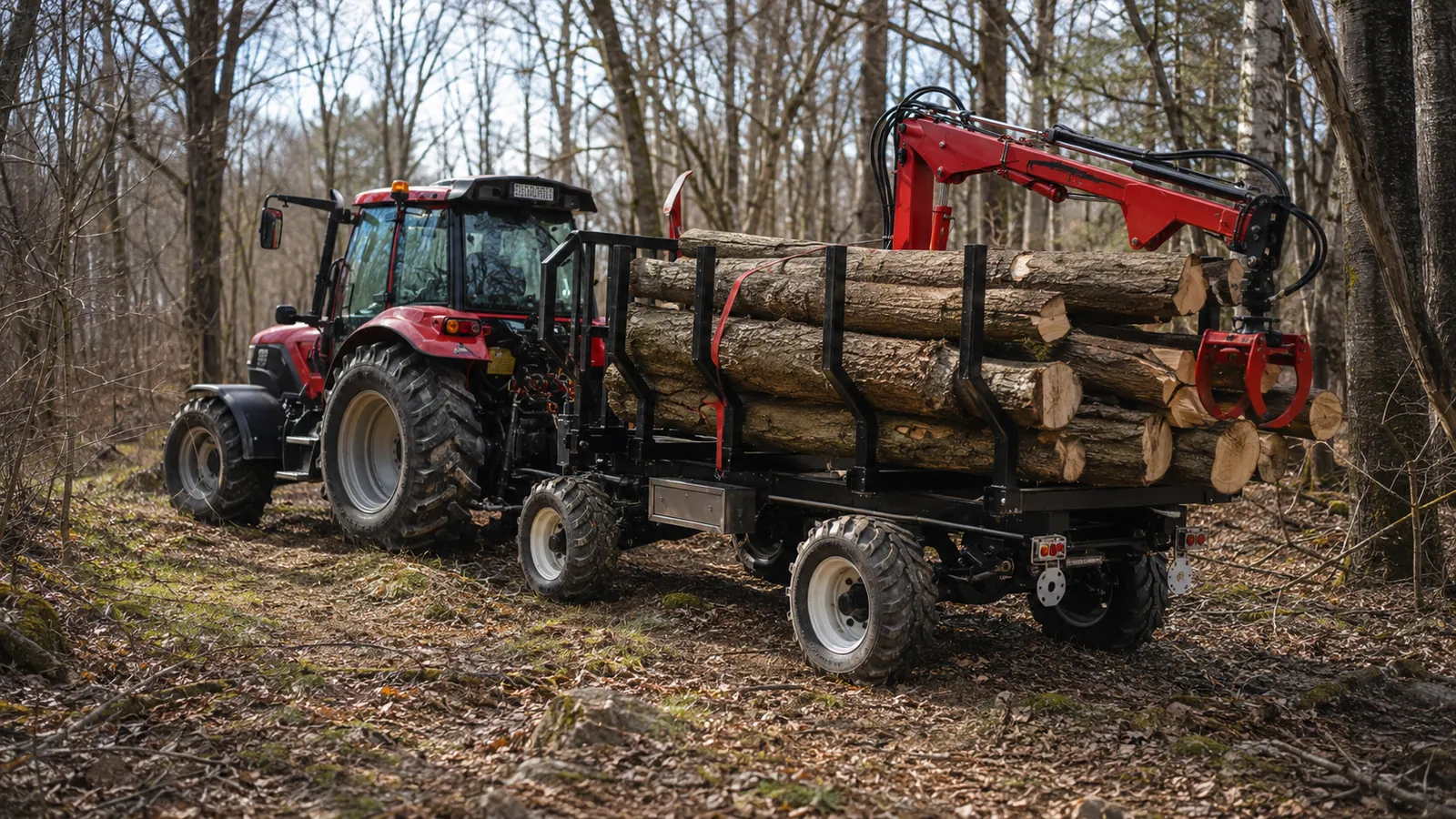 Forstanhänger-Prototyp mit Ladekran und Holzladung