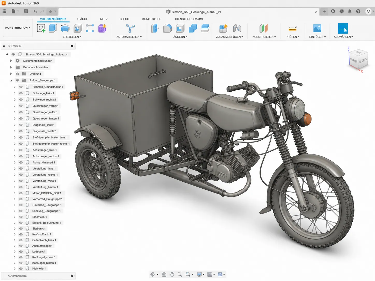 CAD-Modell des Simson Lasten-Trikes mit montiertem Transportkasten