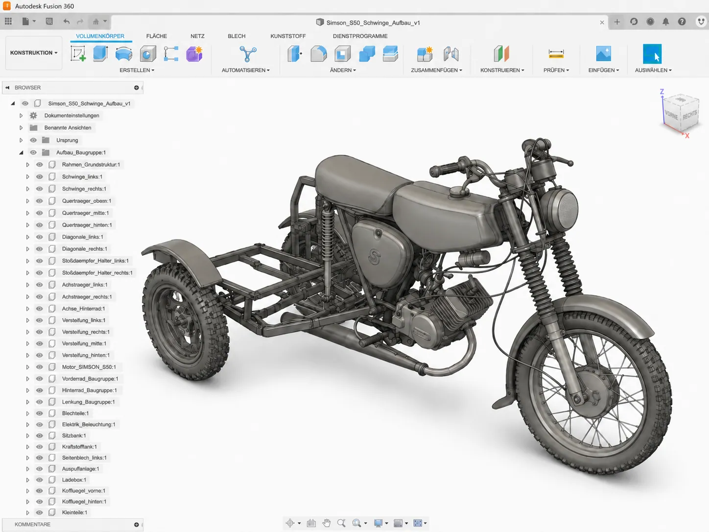 CAD-Modell des Simson Lasten-Trikes ohne Transportkasten, sichtbar ist der Hinterrahmen