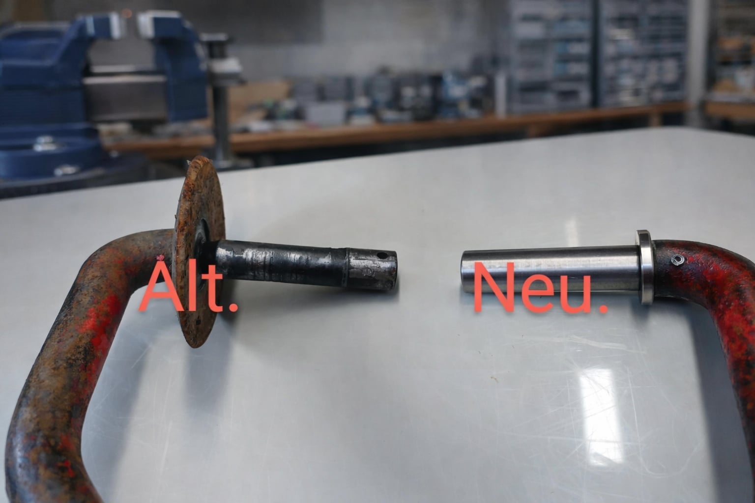 Nachgefertigtes Ersatzteil für einen Heuwender neben dem verschlissenen Original